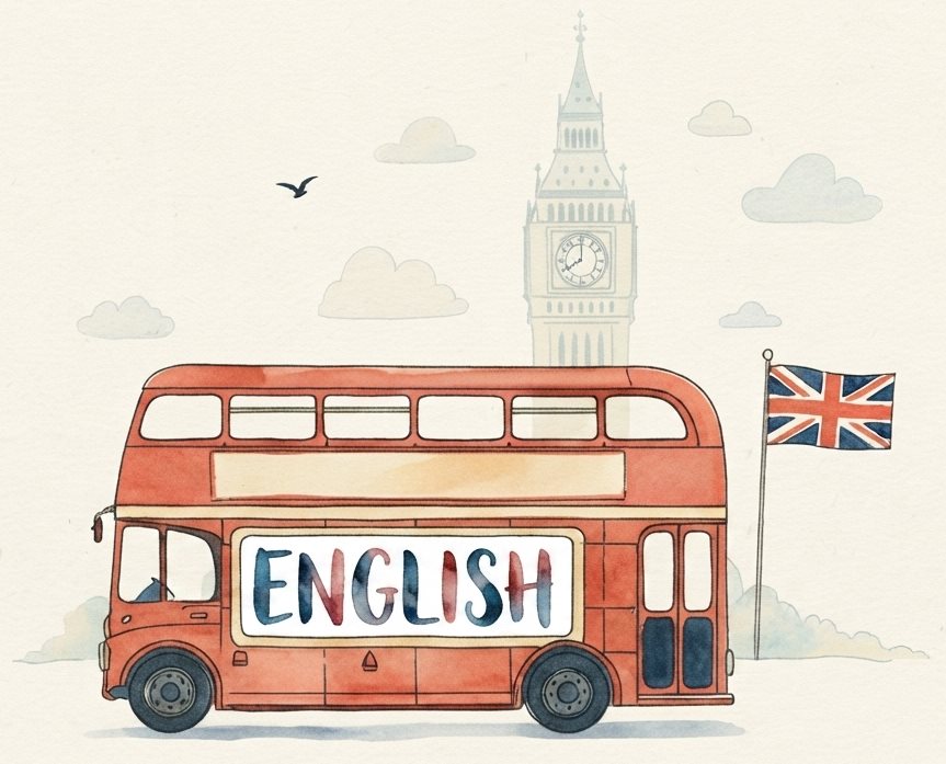 Красный двухэтажный автобус ENGLISH на фоне Биг-Бена